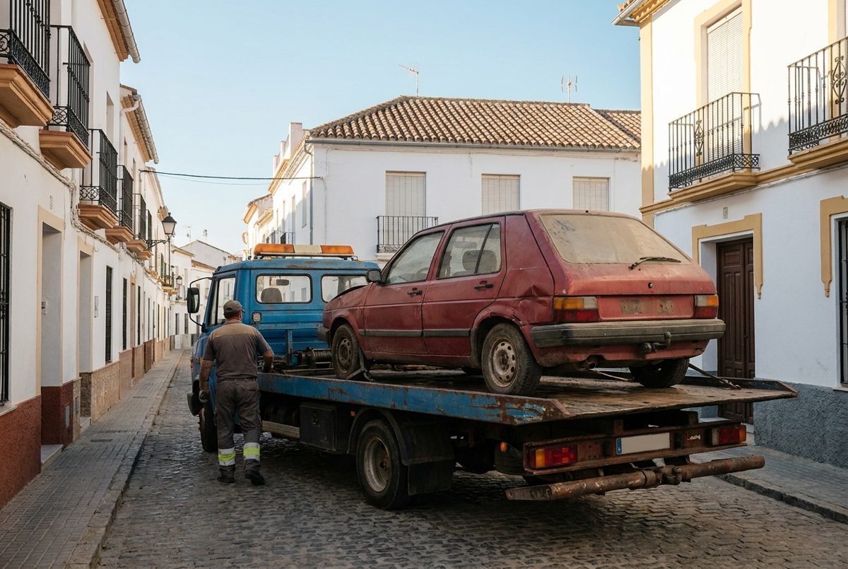 Grúa recogiendo un coche viejo a domicilio para llevarlo al desguace
