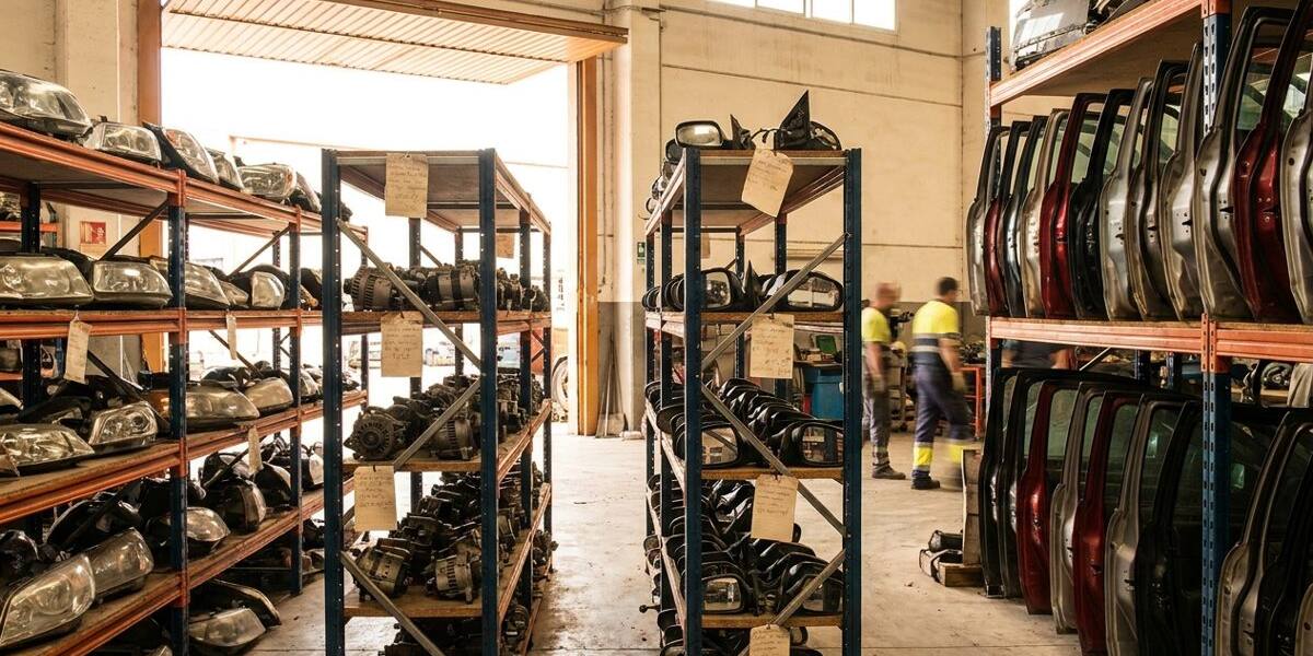 Piezas de coche recuperadas en las estanterías de un desguace